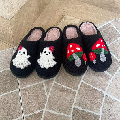 Winter Plush Slippers With Ghost & Mushroom Design, Halloween Themed Soft Sole Fuzzy Shoes, Cozy & Warm Indoor Slippers