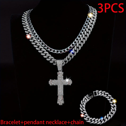 Multilayered Chain Bracelet & Pendant Necklace Set - Rhinestone Embellished, Zinc Alloy Made, Street Style Unisex Jewelry Gift for Women Men - Perfect for Everyday Wear