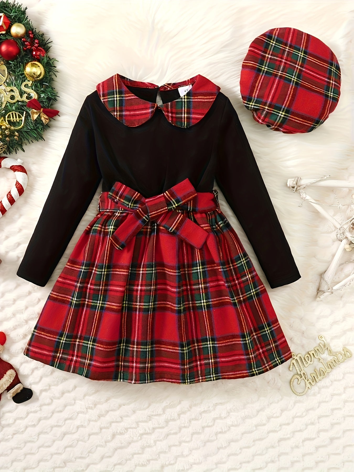 Girls' Plaid Long Sleeve Dress Set - Comfy Casual Wear with Contrast Collar, Includes Beret, Perfect for Winter and Fall Parties, Gift Idea