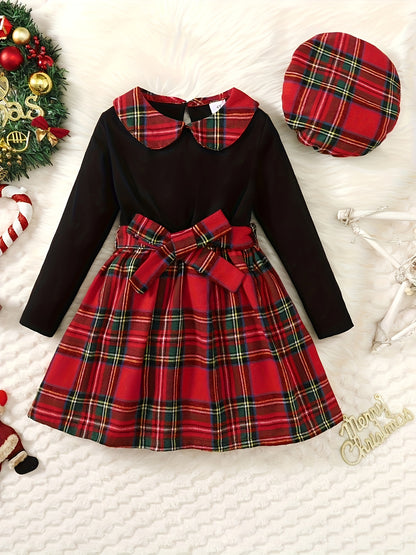 Girls' Plaid Long Sleeve Dress Set - Comfy Casual Wear with Contrast Collar, Includes Beret, Perfect for Winter and Fall Parties, Gift Idea