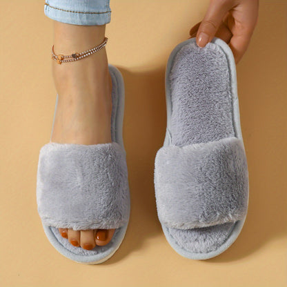 Winter Plush Open Toe Slippers, Solid Color Cozy & Warm Slip On Shoes, Comfy Indoor Floor Slippers