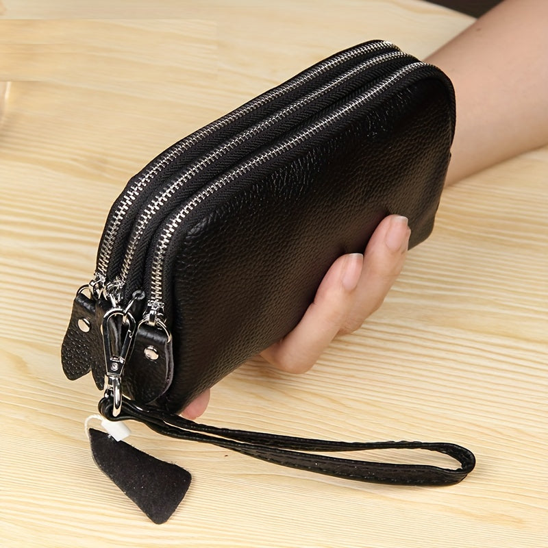 Genuine Leather Long Wallet For Women (17.48cm X 9.98cm X 3.99cm), Wristlet Zipper Coin Purse, Three Layers Mobile Phone Bag