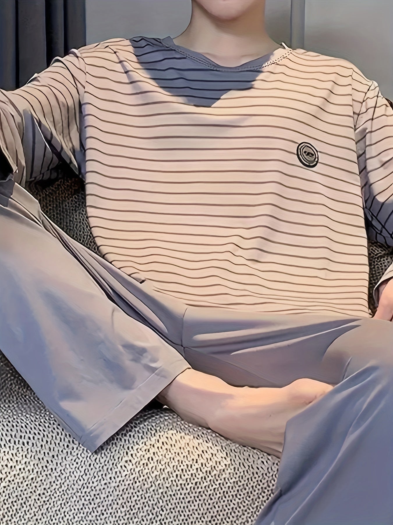 Men's Striped Pajama Set - Comfy Long Sleeve & Pants, Round Neck, Spring/Fall Loungewear