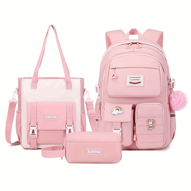 3 Pcs Preppy Solid Color Bag Set - Spacious Minimalist Backpack with Adjustable Strap, Detachable Shoulder Bag & Clutch Zipper Bag - Foldable, Polyester Lining, and Casual Style for School and Daily Use