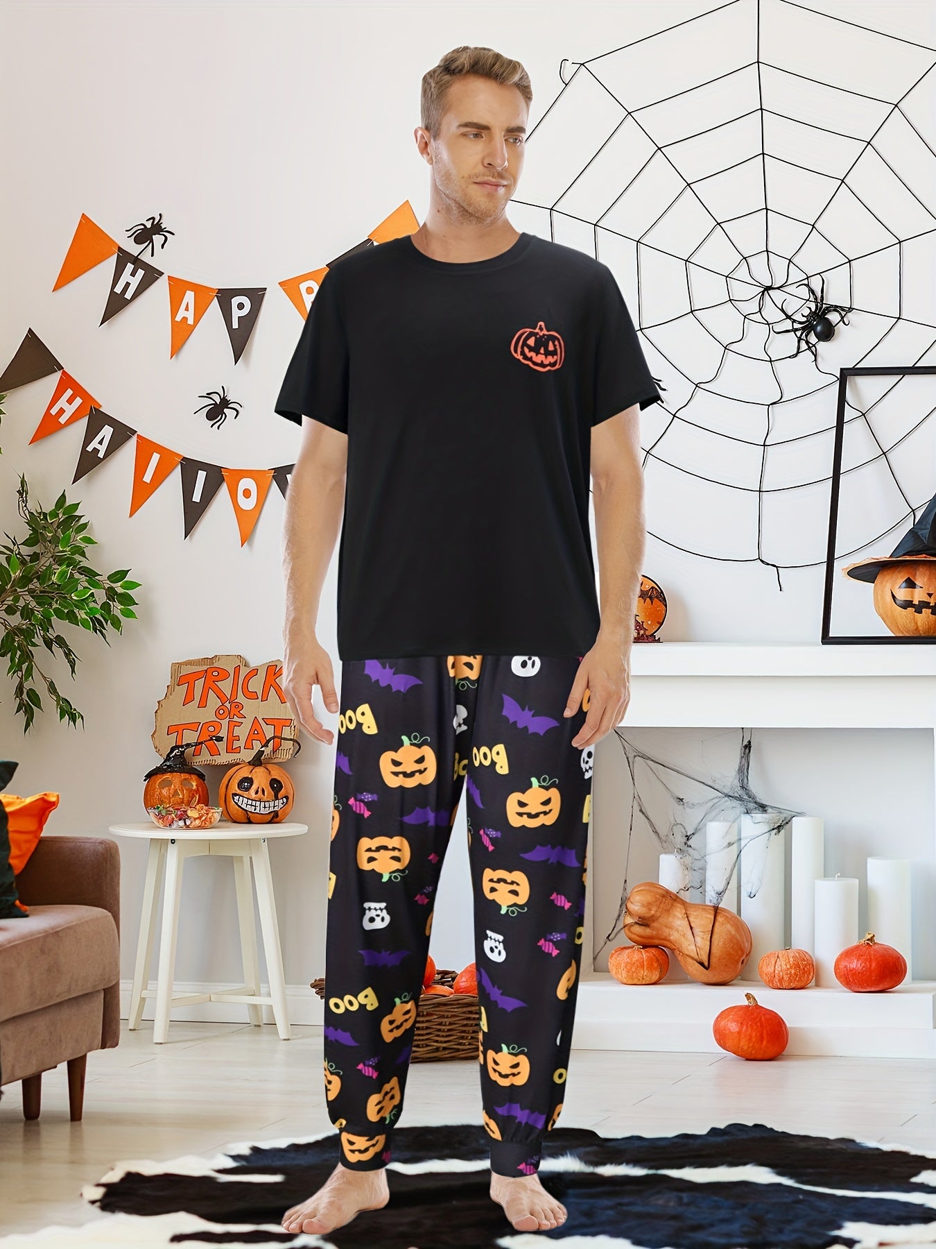 Men's Trendy Casual Halloween Pajamas Sets, Pumpkin Graphic Print Long Sleeve Crew Neck Top & Loose Pants Lounge Wear