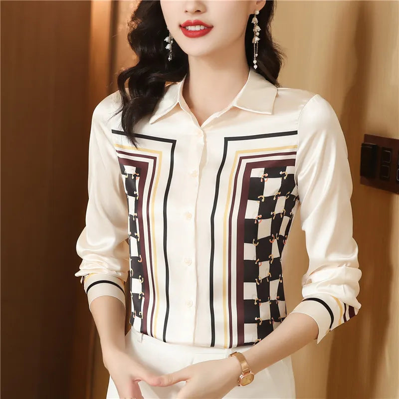 Luxury Designer Print Classic Satin Shirt Plus Size Women Fashion Long Sleeve Button Front Shirts  Spring Autumn Ladies Runway Lapel Blouse Elegant Silk Tops