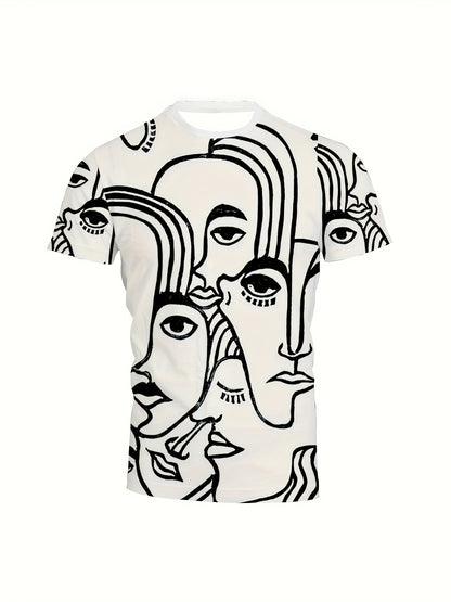 Men's Trendy Casual Comfy Tees & Shorts, Graffiti Portrait Graphic Print Crew Neck Short Sleeve T-shirt & Loose Shorts Home Pajamas Sets, Outdoor Sets For Summer