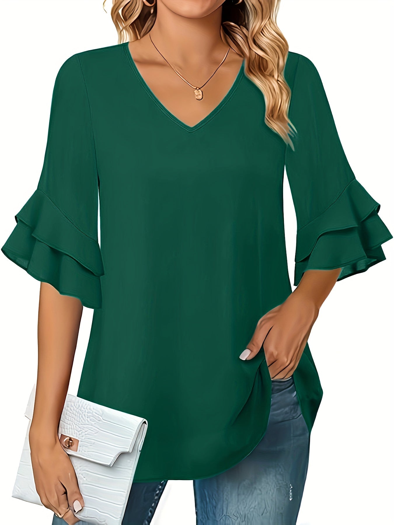 Plus Size Elegant V-Neck Ruffle Trim Shirting Blouse - Soft Polyester Non-Stretch Fabric, Casual Half Sleeve Design for Spring & Summer, Hand Wash Only, Womens Plus Size Clothing for Middle East Collection