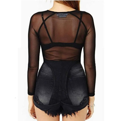 Spring and Autumn Black Transparent Bottom Women's Long Sleeved Sexy Perspective Thin Mesh Super Elastic Yarn Shirt F41810