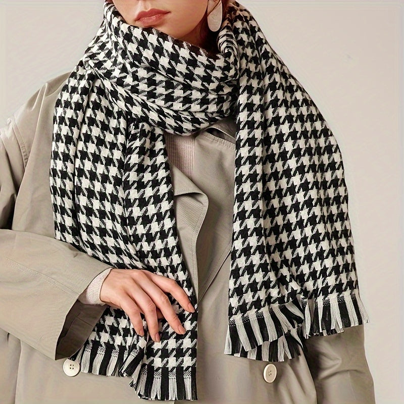 Luxurious Houndstooth Scarf Shawl - Soft, Warm & Stretchy - Cozy Tassel Wrap for Autumn Winter - Versatile Neck Protection & Coldproof Blanket Scarf, One-Size-Fits-All