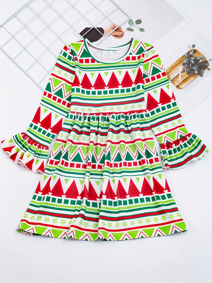 Whimsical Graphic Print Long Sleeve Party Dress for Girls - Soft, Comfortable, and Adorable for Fall and Christmas Celebrations - Perfect Gift for Little Ones