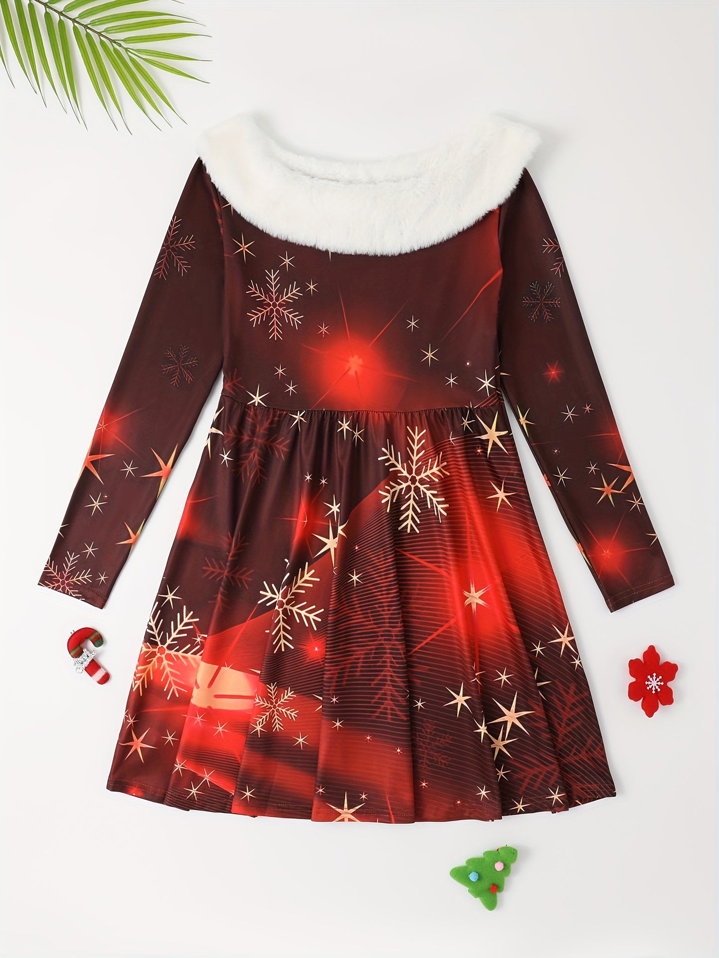 Long Sleeve Elegant Girls Plush Collar Snowflake & Fire Work Graphic Dress for Christmas Gift