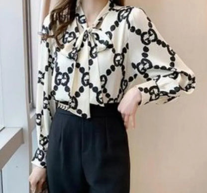 Designer Women Shirt Blouses Printed Silk Fabric Jacquard Texture Satin Classic Office Long Sleeve Elegant Basic Lapel Commuter Versatile Tops