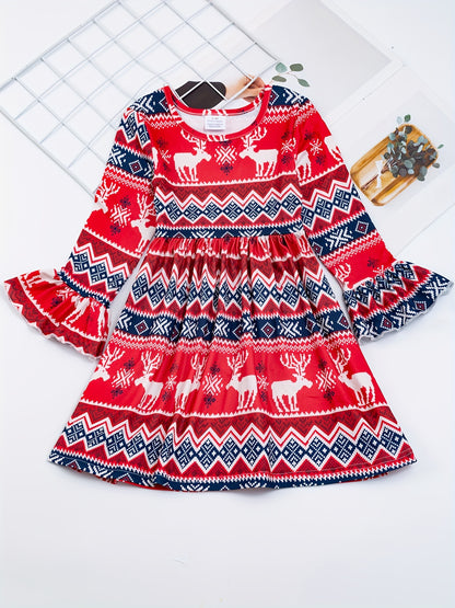 Whimsical Graphic Print Long Sleeve Party Dress for Girls - Soft, Comfortable, and Adorable for Fall and Christmas Celebrations - Perfect Gift for Little Ones