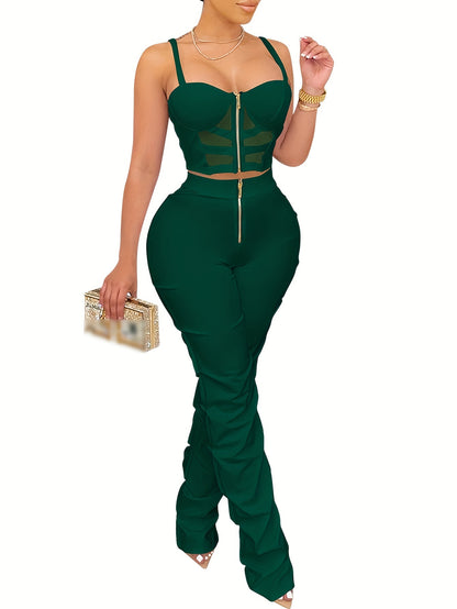 Solid Color Party Pantsuits - Eye-catching Zipper Front, Fitted Slim Crop Cami Top, High Waist, Ruched Pants, Vibrant Solid Color - Perfect for Womens Party Occasions, Stylish and Trendy Outfits for a Night Out