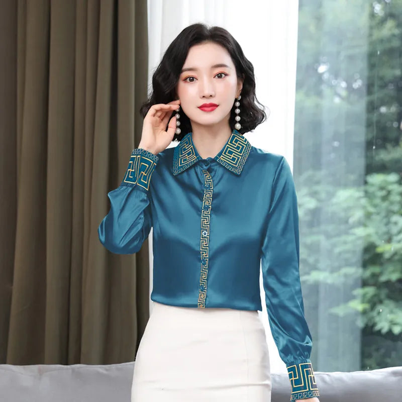 Luxury Designer Print Classic Satin Shirt Plus Size Women Fashion Long Sleeve Button Front Shirts  Spring Autumn Ladies Runway Lapel Blouse Elegant Silk Tops