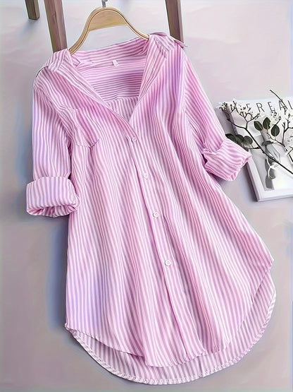 ZllKl Stripe Print Polo Collar Button Shirt, Casual Long Sleeve Shirt For Spring & Fall, Women's Clothing