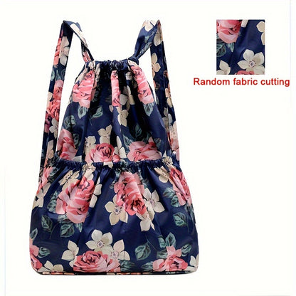 Vibrant Floral Print Nylon Drawstring Backpack - Spacious, Lightweight, Water-Resistant Travel & Sports Rucksack with Multiple Pockets and Polyester Lining for Women and Men