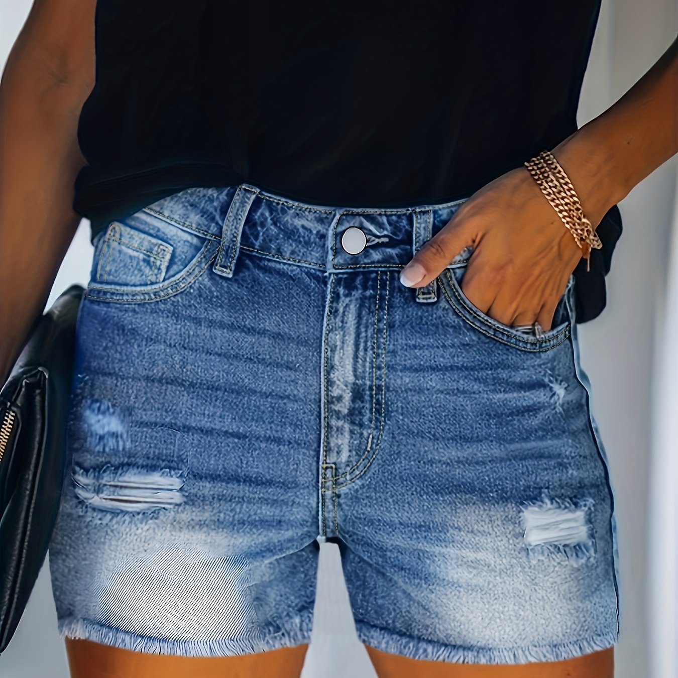 ZllKl  Blue Frayed Hem Denim Shorts, Ripped Holes Slash Pockets Short Denim Pants, Women's Denim Jeans & Clothing