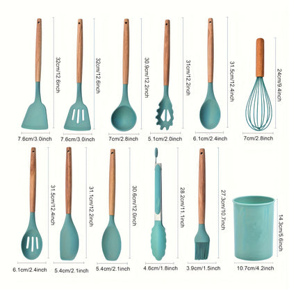 12-Piece Premium Silicone Cooking Utensils Set - Heat-Resistant, Non-Stick Friendly, Ergonomic Wooden Handle, BPA-Free Kitchen Essentials with Holder - Perfect for Cooking, Baking, Grilling, and Serving