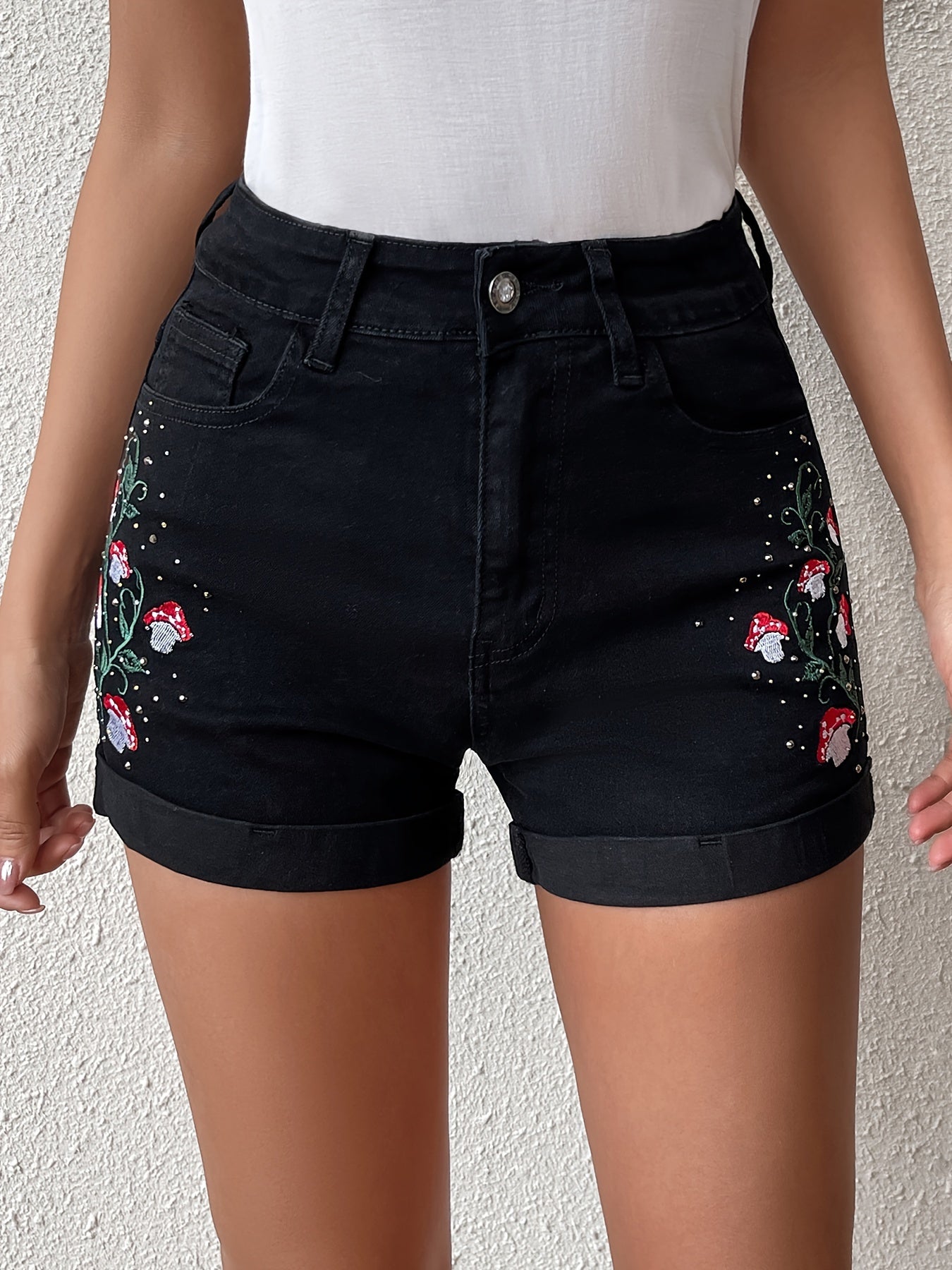 ZllKl  Mushroom Plant Embroidery Cute Denim Shorts, Roll Up Hem Slash Pocket Denim Shorts, Women's Denim Jeans & Clothing