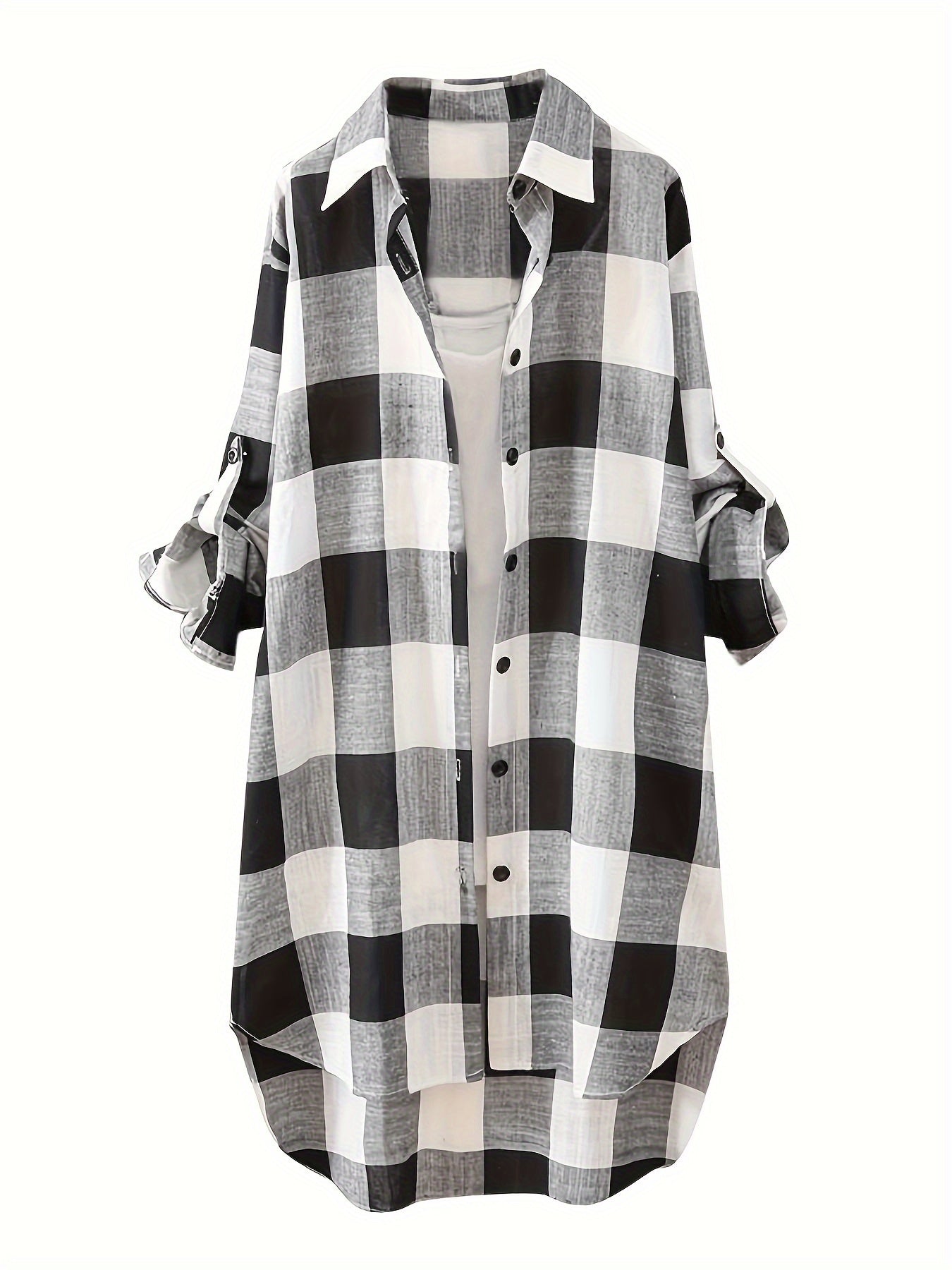 ZllKl Plus Size Casual Blouse, Women's Plus Plaid Print Button Up Roll Up Long Sleeve Lapel Collar Longline Shirt Top