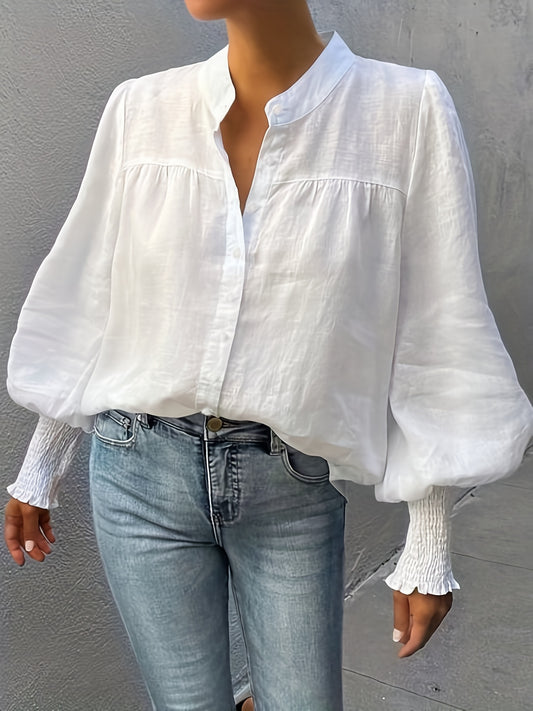 ZllKl Lantern Sleeve Shirred Blouse, Casual Button Front Solid Blouse, Women's Clothing