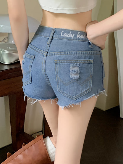 ZllKl  Hot Letter Print Ripped Denim Shorts, Raw Hem Slash Pocket Low Rise Mini Denim Shorts, Women's Denim Jeans & Clothing