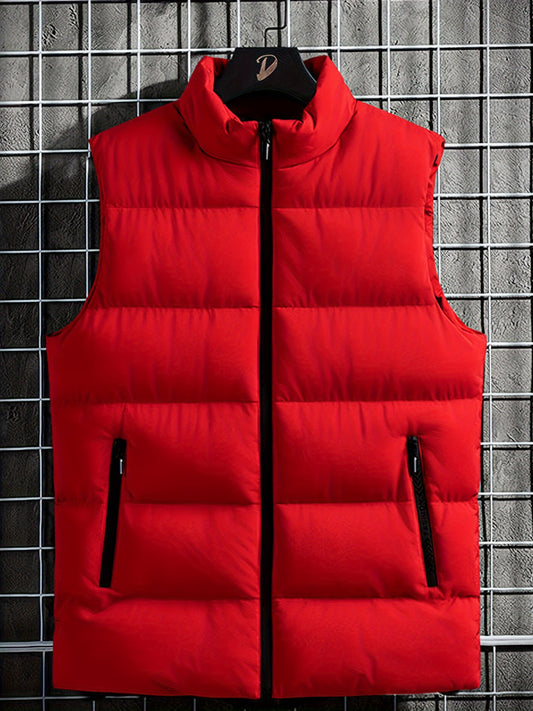 1pc Men'S Casual Stand Collar Puffer Vest - Solid Color Quilted Waistcoat with Zipper, Polyester Filled, Non-Stretch, Slim Fit, Sleeveless Padded Jacket for Fall/Winter, Streetwear Sweatshirts, Plus Size