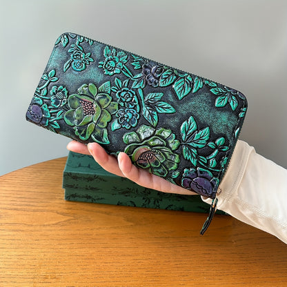 Retro Elegant Flower Pattern Long Wallet. Textured Zipper Around Coin Purse, Classic Large Capacity Credit Card Holder