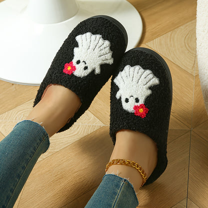 Winter Plush Slippers With Ghost & Mushroom Design, Halloween Themed Soft Sole Fuzzy Shoes, Cozy & Warm Indoor Slippers