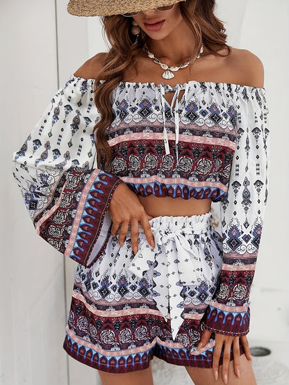 Two-Piece Chic Outfit - Charming Off-The-Shoulder Design Sleeve Top and Super Comfy Loose-Fit Shorts for Effortlessly Chic Casual Style - Exclusively Designed for Women Who Love Fashion and Comfort