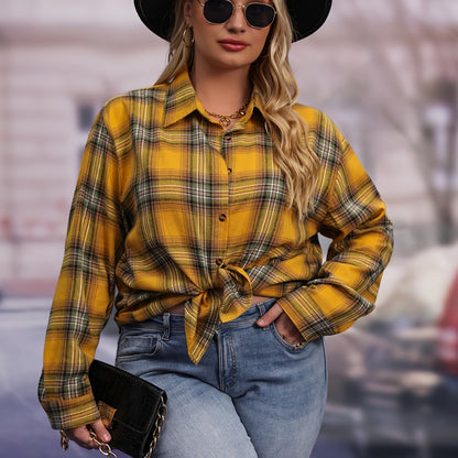 ZllKl Plus Size Plaid Print Shirt, Casual Long Sleeve Button Up Lapel Collar Loose Fit Shirt Top, Women's Plus Size Clothing