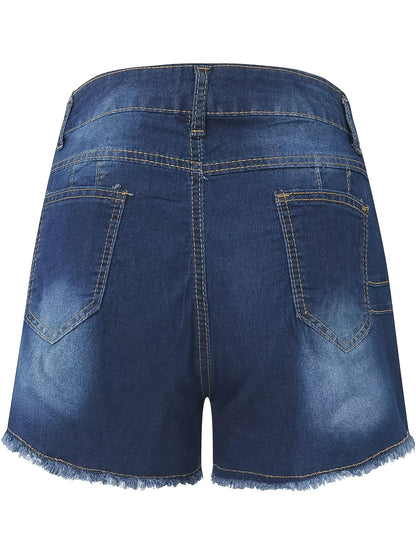 Frayed Hem Washed Denim Shorts, High Waist Slash Pockets Short Denim Pants, Women's Denim Jeans & Clothing