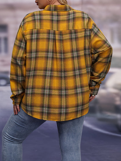 ZllKl Plus Size Plaid Print Shirt, Casual Long Sleeve Button Up Lapel Collar Loose Fit Shirt Top, Women's Plus Size Clothing