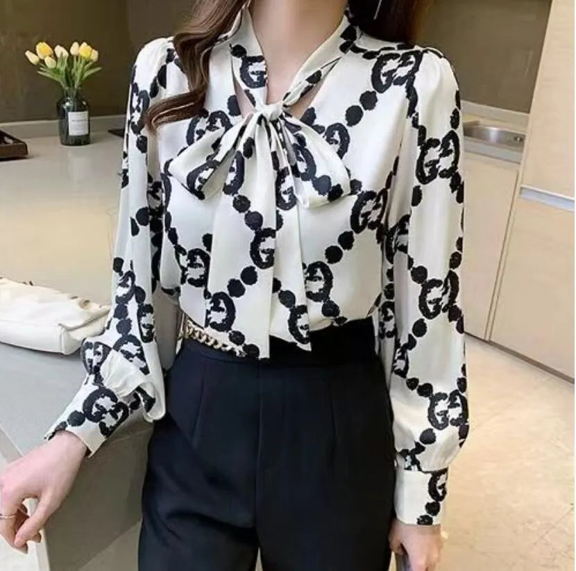 Women's Designer Blouses Fashion Autumn Spring Long Sleeve C Printed Lapel Shirt Chain Print Luxury Tops for Female Plus Size XXXL