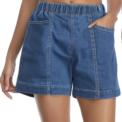 ZllKl  Women's Stylish Denim Shorts, Casual Sporty Style, Elastic Waist, Comfort Fit, With Pockets, Versatile Summer Wear