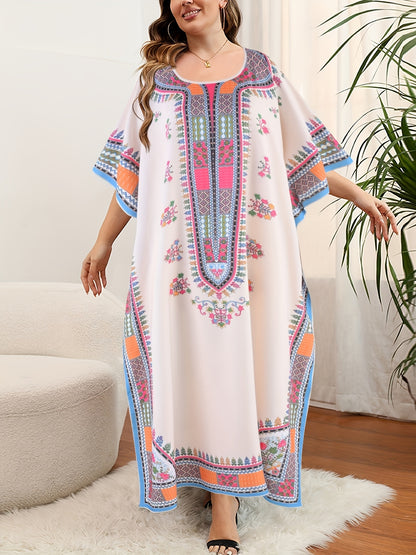 ZllKl Plus Size Geometric Pattern Kaftan Dress, Casual Crew Neck Batwing Sleeve Dress, Women's Plus Size Clothing