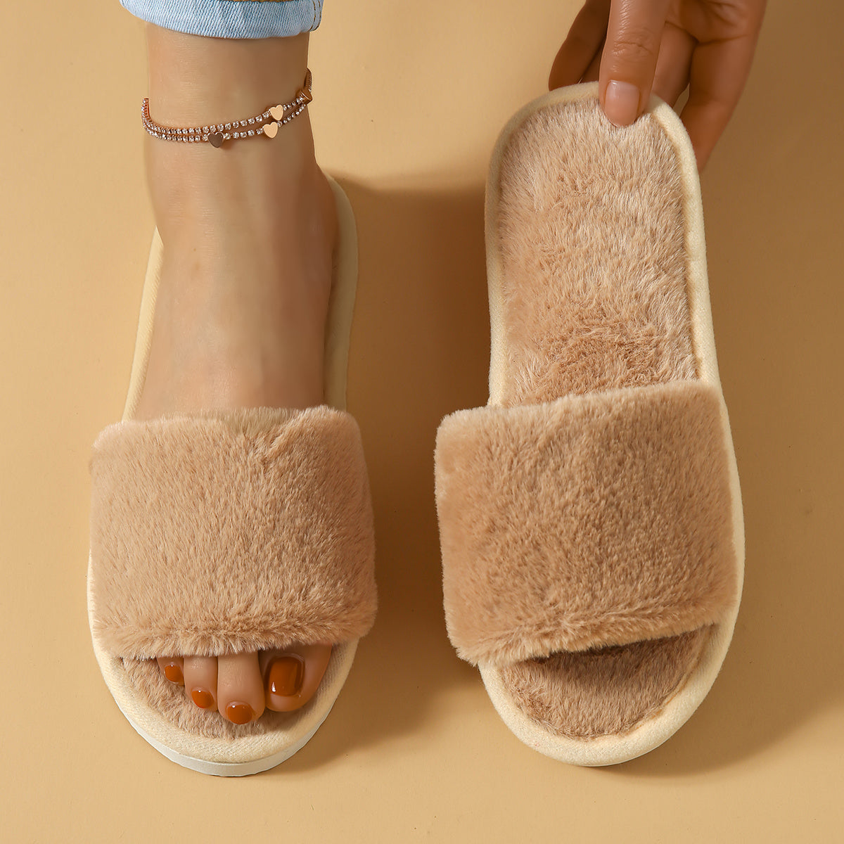 Winter Plush Open Toe Slippers, Solid Color Cozy & Warm Slip On Shoes, Comfy Indoor Floor Slippers