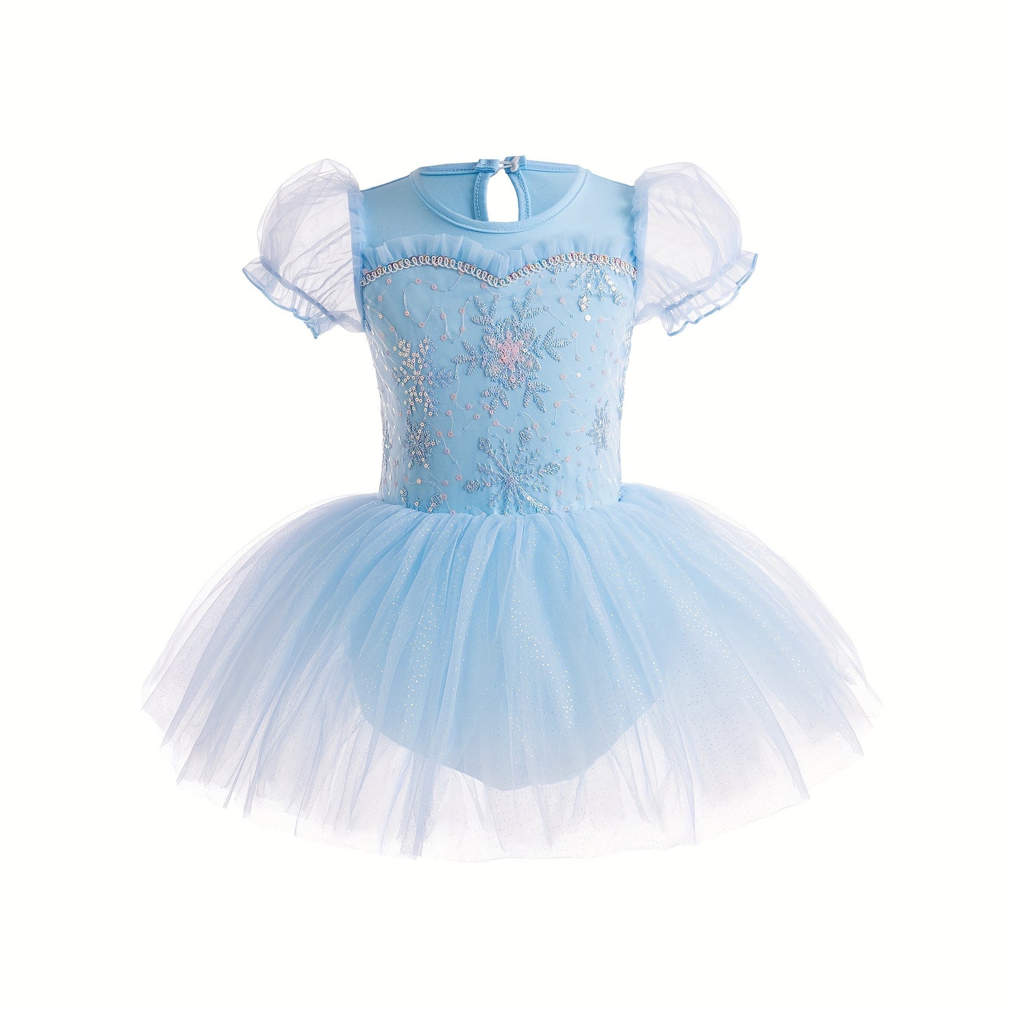 Sequins Embroidered Girls Ballet Dance Dress, Bubble Mesh Sleeve 1-piece Bodysuit Photograph Performance Dance Leotard