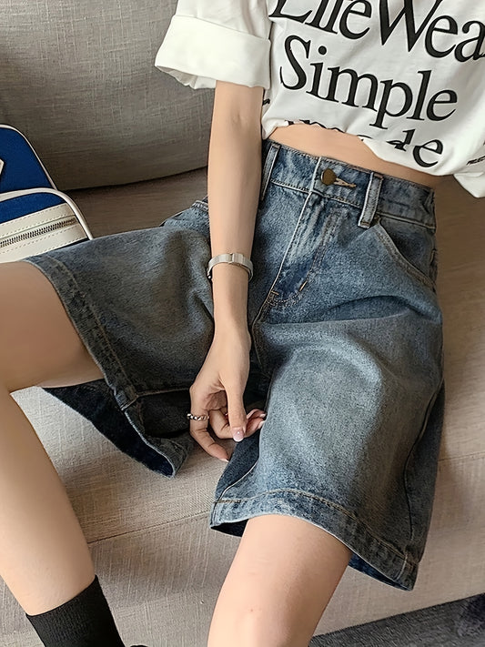 ZllKl  High Rise Plain Washed Denim Shorts, Slash Pocket Cuffed Loose Fit Denim Jorts, Women's Denim Jeans & Clothing