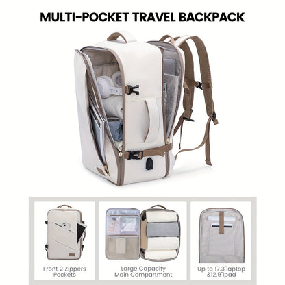 17-Inch Laptop Travel Backpack for Women - Spacious, Water-Resistant, and Flight-Approved with 3 Packing Cubes, Buckle Closure, and Adjustable Shoulder Straps - Beige-Khaki Color with Polyester Lining and Hand Wash Instruction