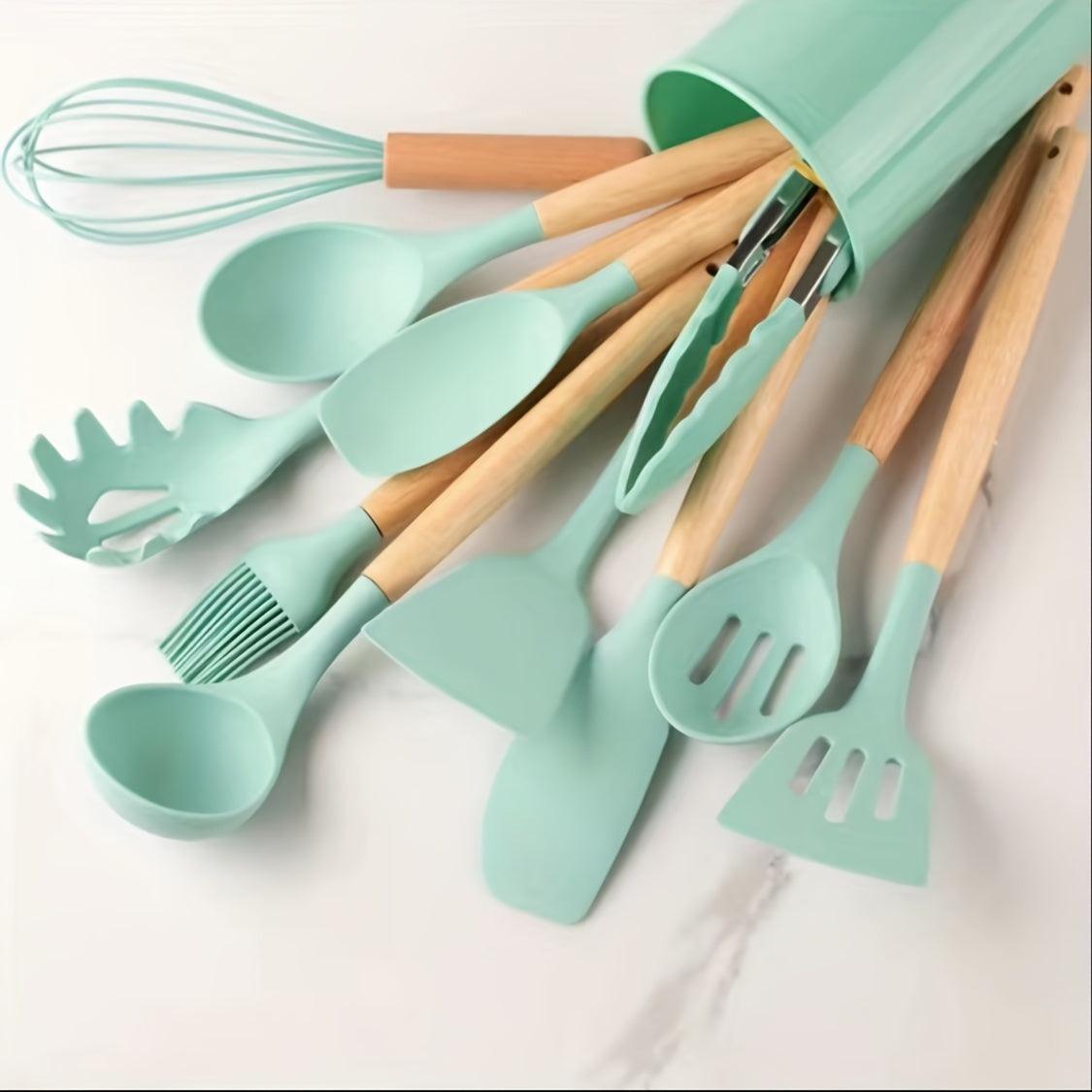 12pcs, Silicone Utensil Set, Khaki Kitchen Utensil Set With Wooden Handle, Safety Cooking Utensils Set, Non-Stick Kitchen Tools Set, Washable Modern Cookware, Kitchen Stuff, Kitchen Gadgets