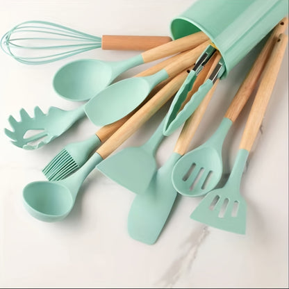 12pcs, Silicone Utensil Set, Khaki Kitchen Utensil Set With Wooden Handle, Safety Cooking Utensils Set, Non-Stick Kitchen Tools Set, Washable Modern Cookware, Kitchen Stuff, Kitchen Gadgets