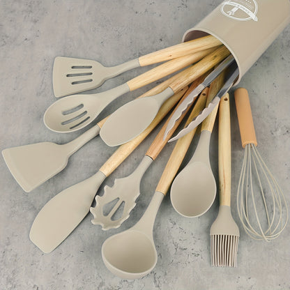 12pcs/set, Silicone Utensil Set, Kitchen Utensil Set, Safety Cooking Utensils Set, Non-Stick Cooking Utensils Set With Wooden Handle, Washable Modern Cookware, Kitchen Stuff, Kitchen Gadgets, Kitchen Essentials