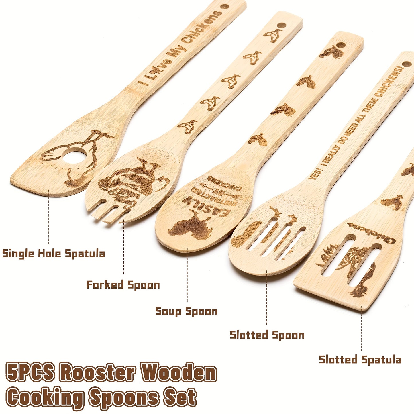 5pcs/set, Rooster Chicken Bamboo Kitchen Utensils Set, Kitchen Burned Decorative Wooden Cooking Tools Set, For Cooking, Gifting, Decorating, Non-stick Kitchen Spoons And Spatulas, Kitchen Supplies, Halloween Decoration, Halloween Gift, Holiday Gift