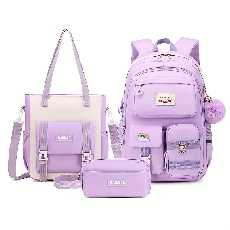 3 Pcs Preppy Solid Color Bag Set - Spacious Minimalist Backpack with Adjustable Strap, Detachable Shoulder Bag & Clutch Zipper Bag - Foldable, Polyester Lining, and Casual Style for School and Daily Use