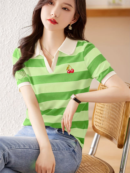 Cherry Pattern Striped Knitted T-shirt, Casual Notched Collar Short Sleeve Top, Women's Clothing