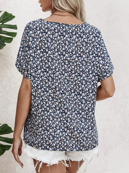 Plus Size Elegant Notched Neck Ditsy Floral Print Shirting Blouse - Soft Polyester Fabric, Non-Stretch, Woven, Short Sleeve, Random Printing, Perfect for Spring and Summer - Womens Plus Size Clothing for Confident Ladies