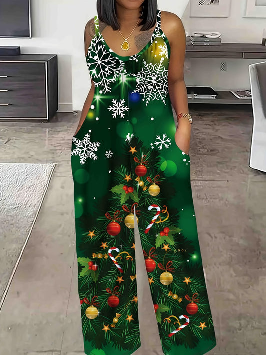 Festive Plus Size Cami Jumpsuit - Women's Plus Size Jumpsuits with Pockets, Casual Sleeveless Design, Christmas Tree Print, Comfortable and Relaxed Fit, Perfect for Holiday Party and Daily Wear